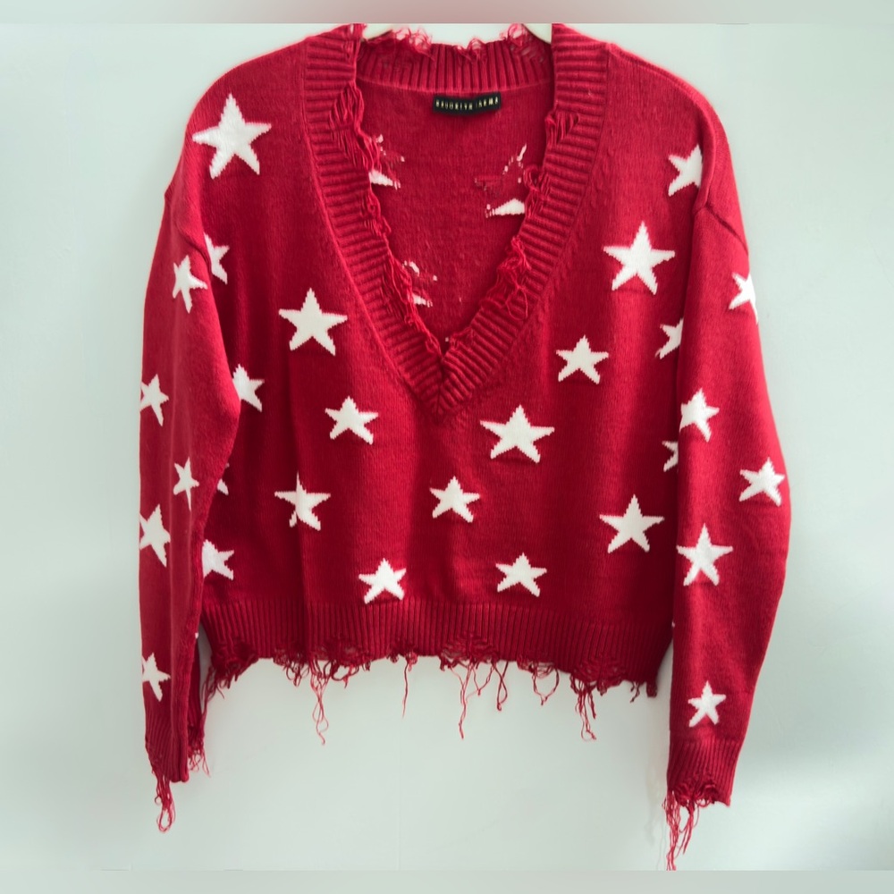 Red V-Neck Sweater with White Stars